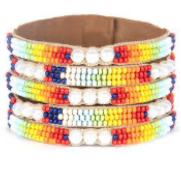 Deepa Gurnani Valli White Faux Pearl Orange/Yellow Multi  Peyote Cuff‎ Bracelet - Picture 2 of 8